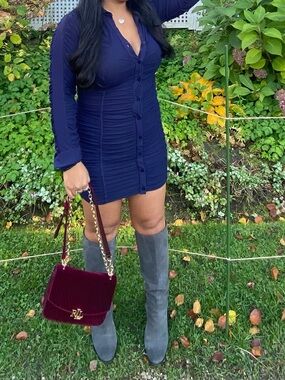 Zara M Navy Ruched Button-Down Long Sleeve Mini Dress